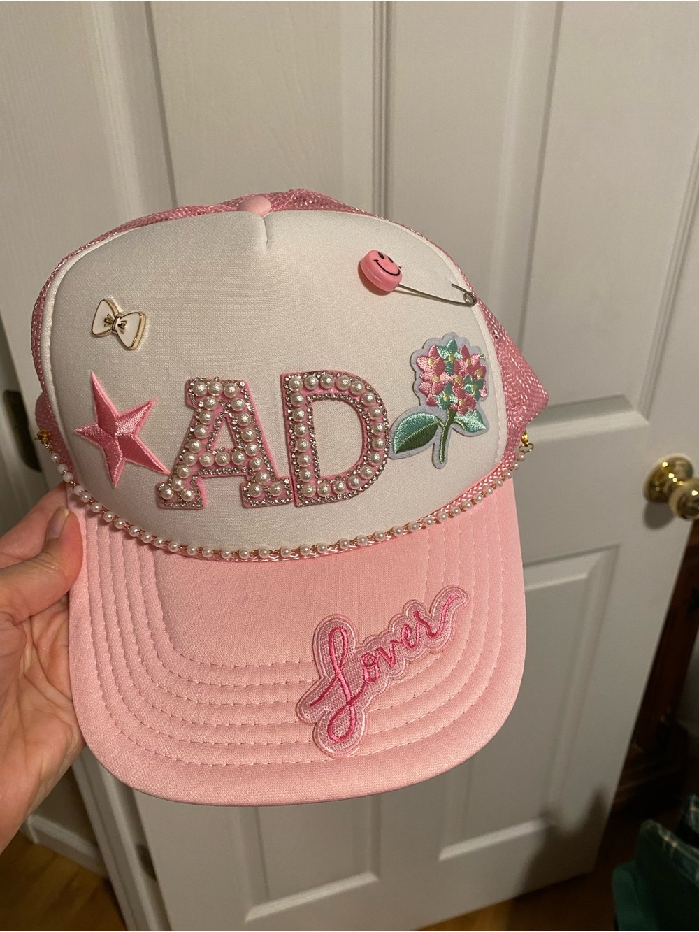 Pink Embellished Trucker Hat with 'Love' Detail